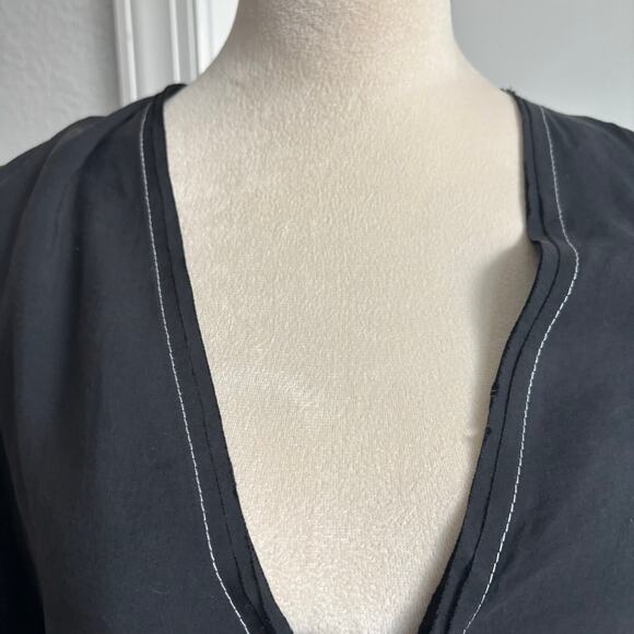 Zara Black Tie-Front Blouse Top Contrast White Stitching Bell Sleeve Y2K Small - Picture 3 of 12